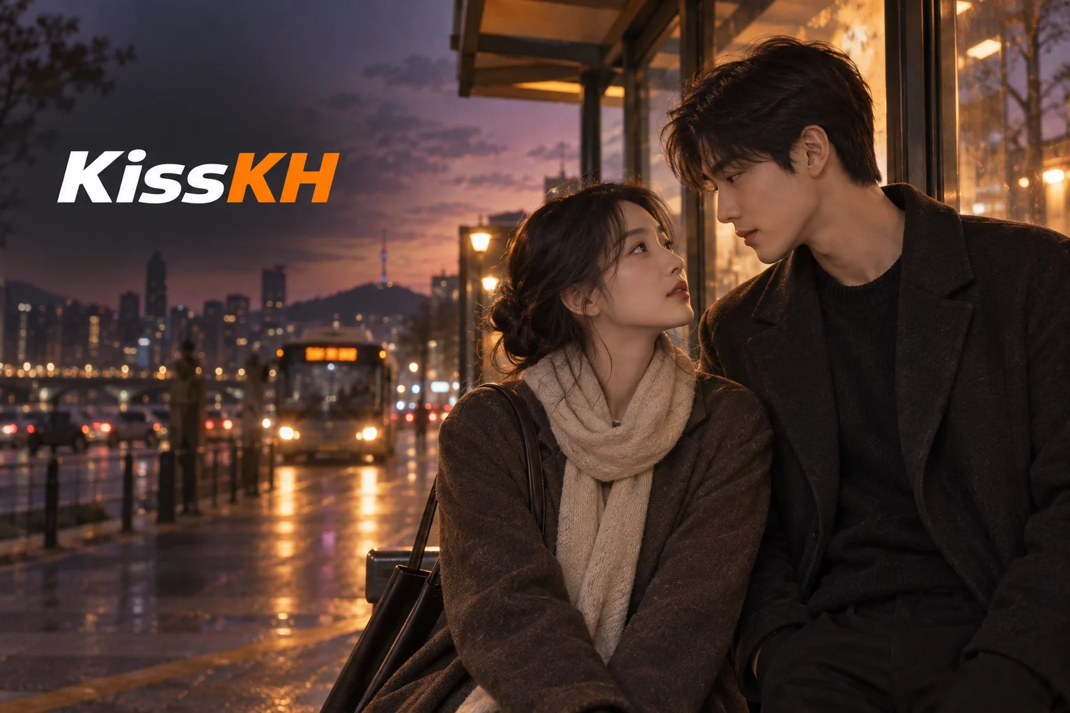 KissKH, an original Asian romance illustration at a city bus shelter